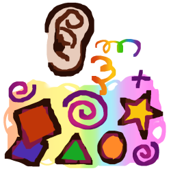 A partly transparent image of an ear above multicolored shapes on a rainbow background. Two rainbow spirals connect the ear to the shapes.